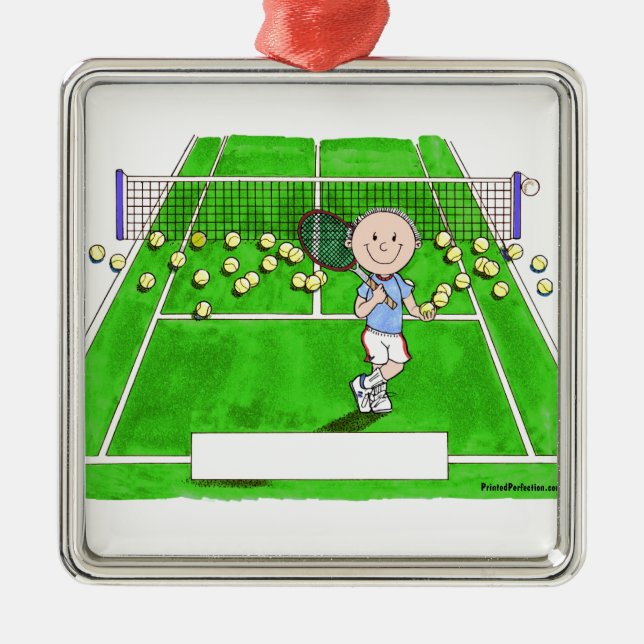 Tennis Player, Male - Personalised Cartoon Metal Tree Decoration (Front)