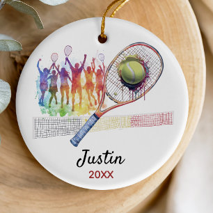 Tennis player racquet personalised ceramic tree decoration