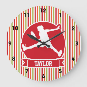 Tennis Player; Red, Orange, Green, White Stripes Large Clock
