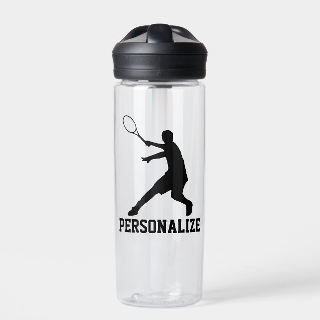 Tennis player water bottle with personalised name (Front)