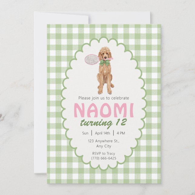 Tennis Poodle Pink Green Birthday Invitation (Front)
