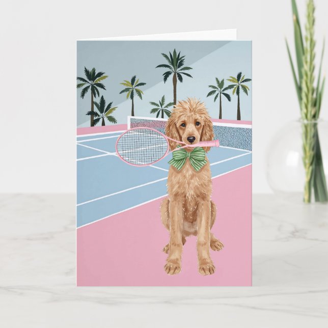 Tennis Poodle Pink Watercolor Card (Front)