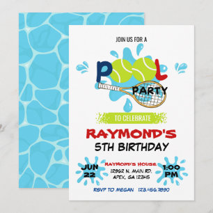 Tennis Pool Party Birthday  Invitation