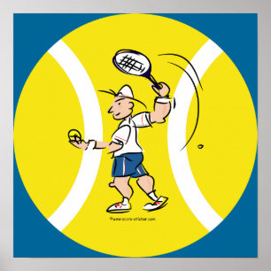 Tennis poster with cartoon and yellow ball