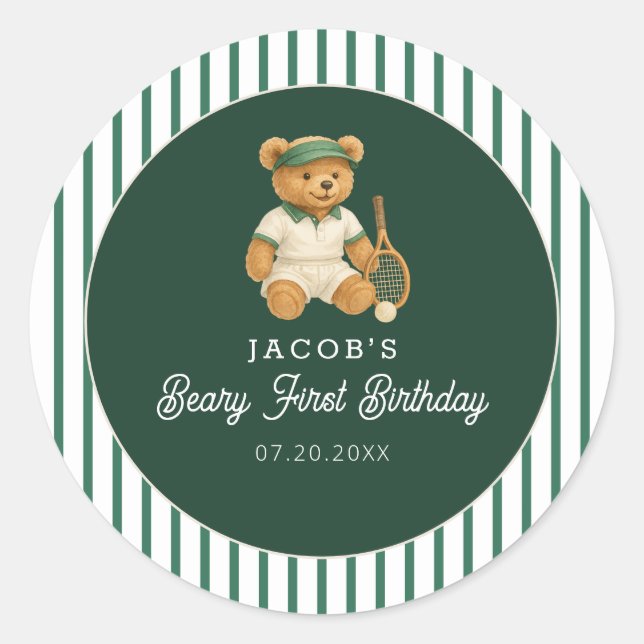 Tennis Preppy Bear 1st Birthday Classic Round Sticker (Front)
