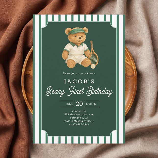 Tennis Preppy Bear 1st Birthday Invitation (Creator Uploaded)