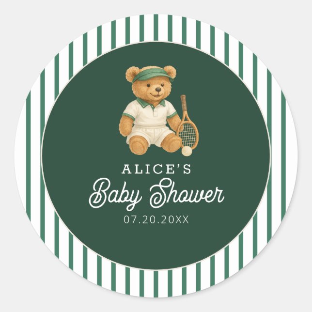 Tennis Preppy Bear Baby Shower Classic Round Sticker (Front)
