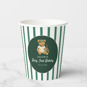 Tennis Preppy Bear Green Striped 1st Birthday Paper Cups