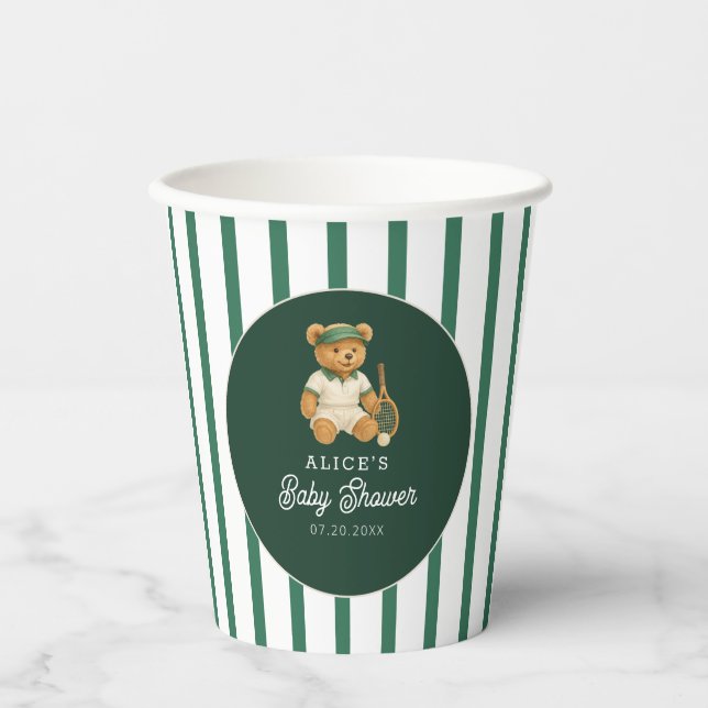 Tennis Preppy Bear Green Striped Baby Shower Paper Cups (Front)