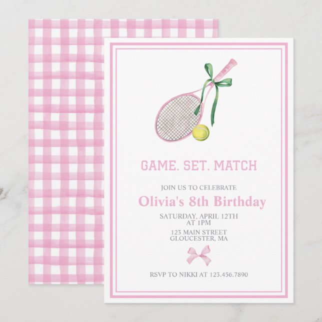 Tennis preppy plaid birthday invitation (Front/Back)