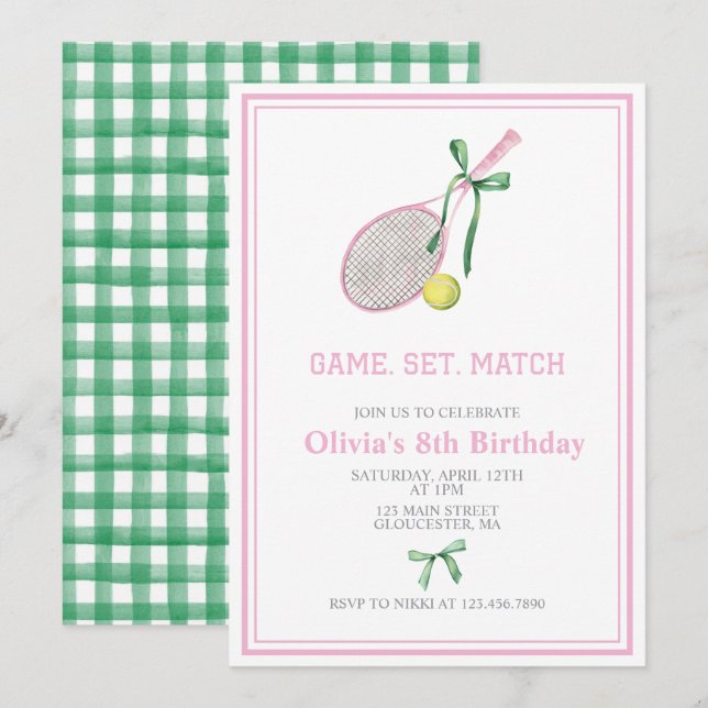 Tennis preppy plaid birthday invitation (Front/Back)