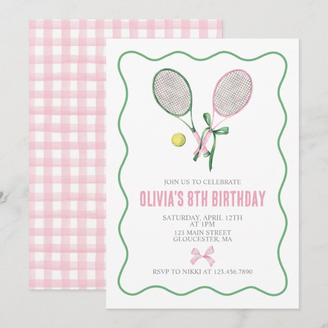 Tennis preppy plaid birthday invitation (Front/Back)