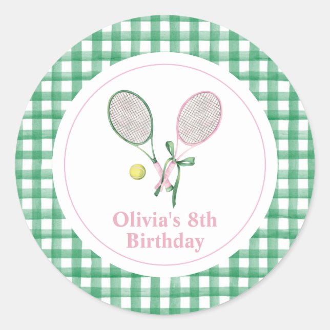 Tennis preppy plaid birthday invitation classic round sticker (Front)