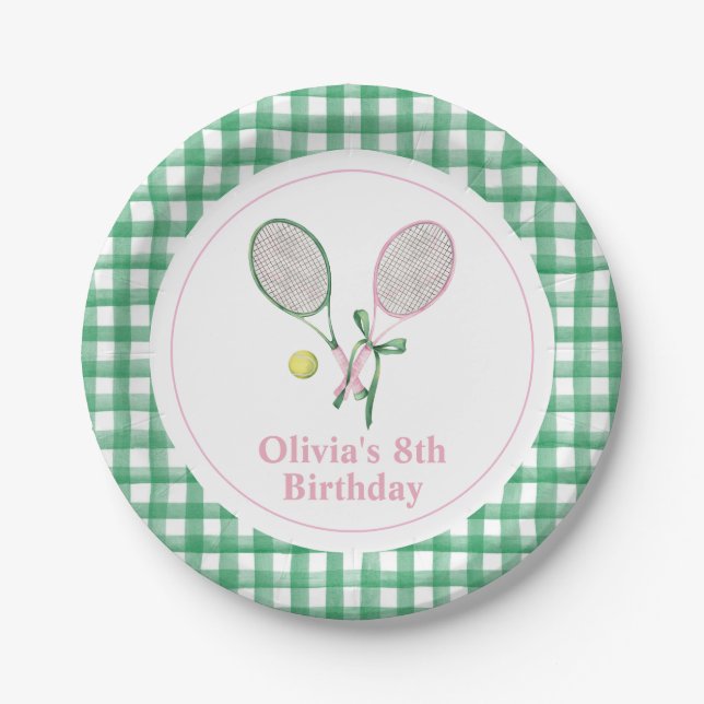 Tennis preppy plaid birthday invitation paper plate (Front)