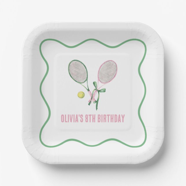 Tennis preppy plaid birthday paper plate (Front)