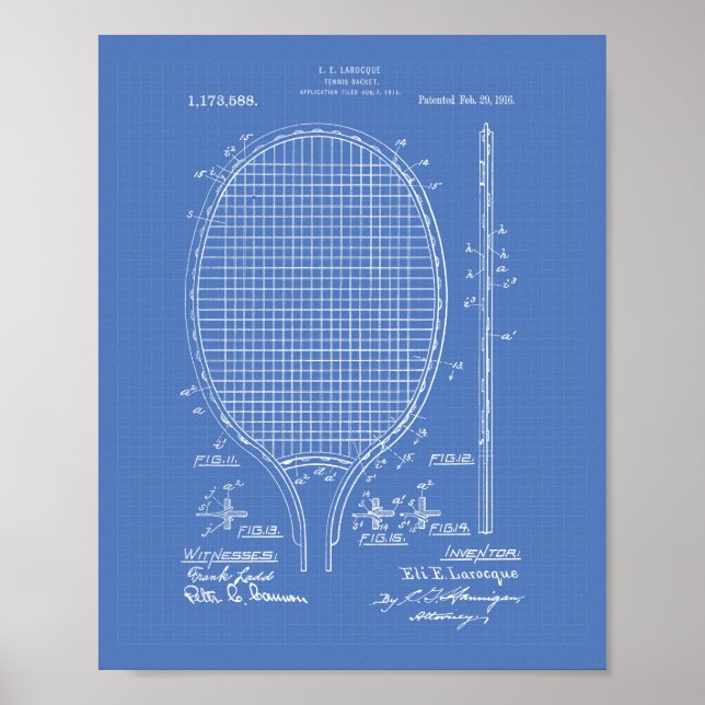 Tennis racket 1916 Patent Art - Blueprint Poster (Front)