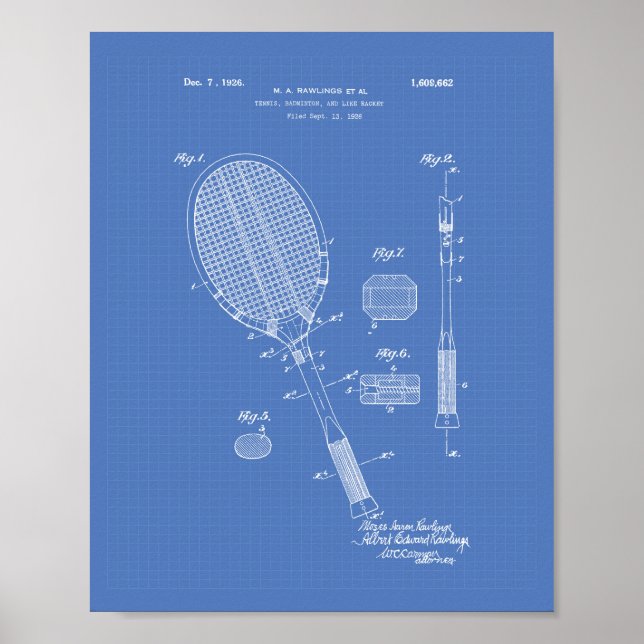 Tennis Racket 1925 Patent Art Blueprint Poster (Front)