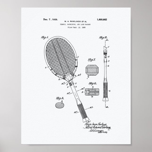 Tennis Racket 1925 Patent Art White Paper Poster (Front)