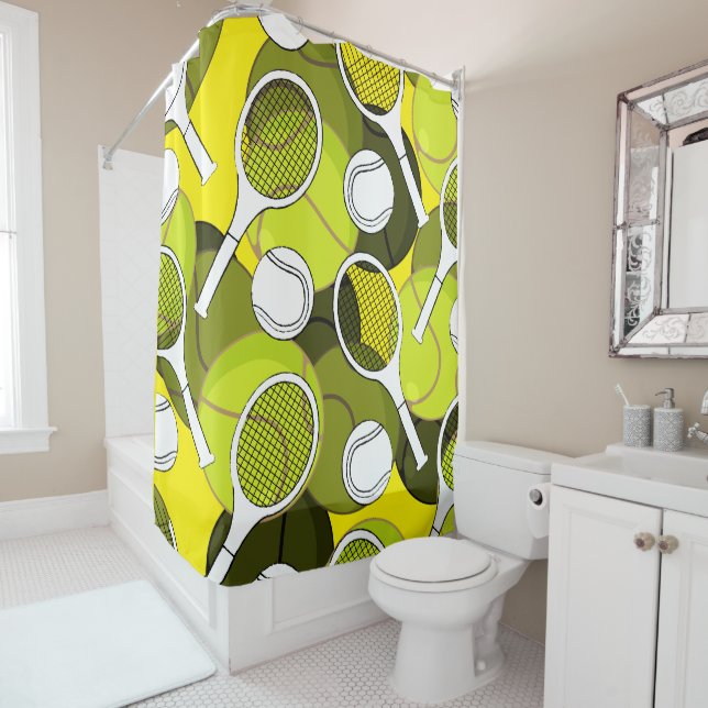 Tennis racket and ball black ink on yellow  shower curtain (In Situ)