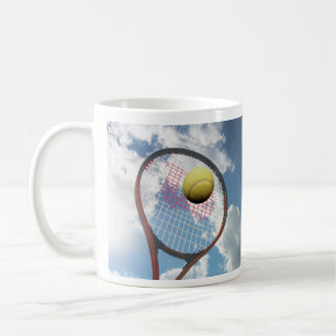Tennis Racket and Ball in th Air, Blue Cloudy Sky Coffee Mug