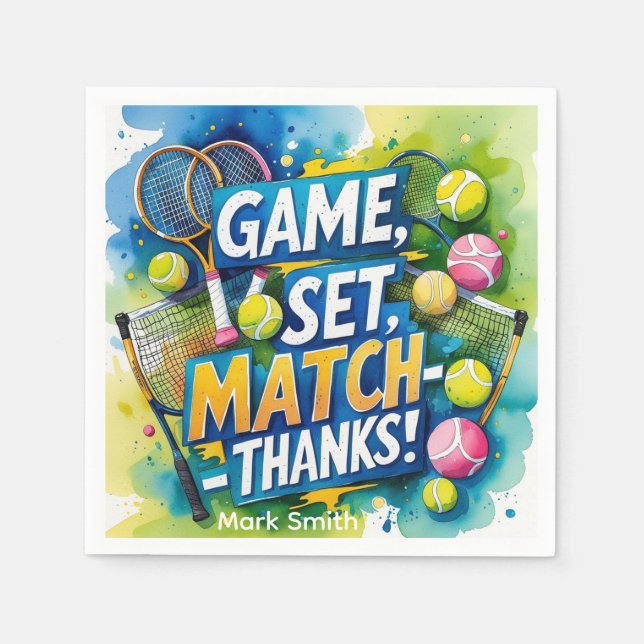 Tennis Racket and Ball on Court Thank you party  Napkin (Front)