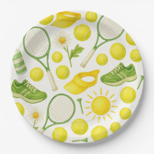 Tennis racket and ball Summer Party Green Yellow  Paper Plate