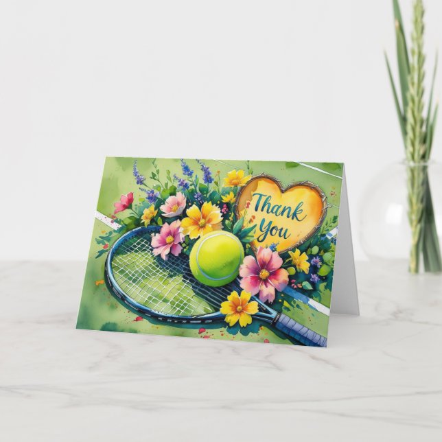 Tennis racket and ball with love red heart thank you card (Front)