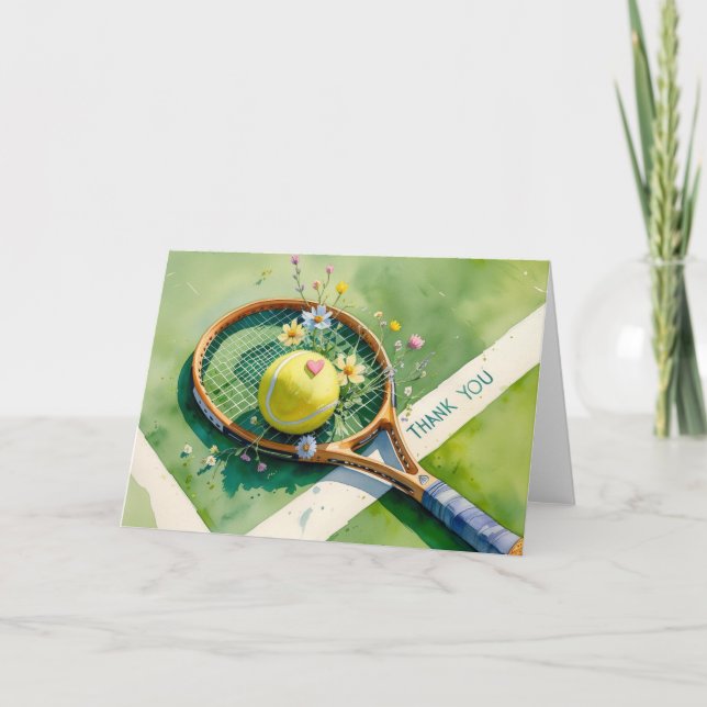 Tennis racket and ball with love red heart thank you card (Front)