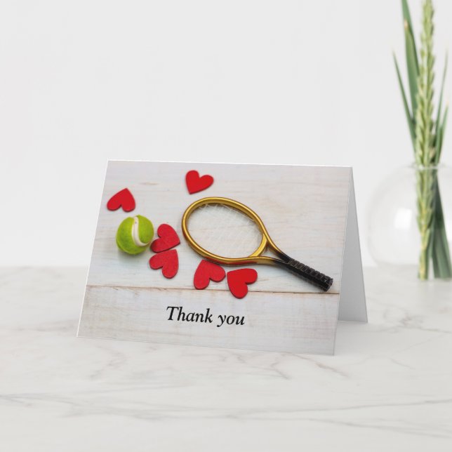 Tennis racket and ball with love red heart thank you card (Front)