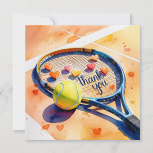 Tennis racket and ball with love red heart thank you card