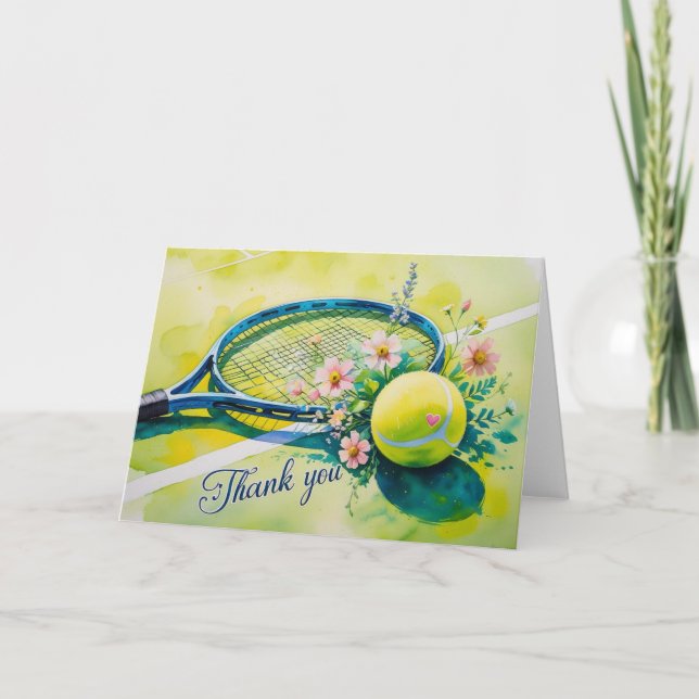 Tennis racket and ball with love red heart thank you card (Front)