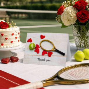 Tennis racket and ball with love red heart thank you card