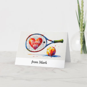 Tennis racket and ball with love red heart thank you card