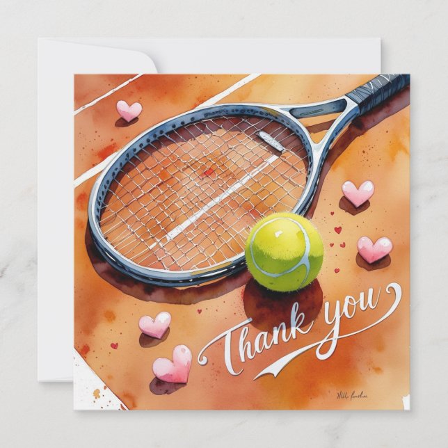 Tennis racket and ball with love red heart thank you card (Front)