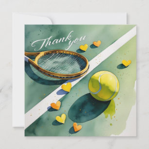 Tennis racket and ball with love red hearts thank you card