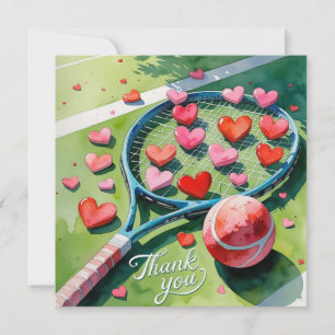 Tennis racket and ball with love red hearts thank you card