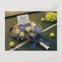 Tennis racket and flowers on the court