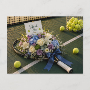 Tennis racket and flowers on the court postcard