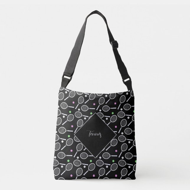 Tennis Racket and Tennis Ball Pattern  Black Crossbody Bag (Front)