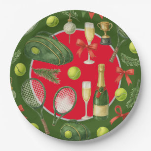 Tennis racket ball black ink red green Christmas Paper Plate