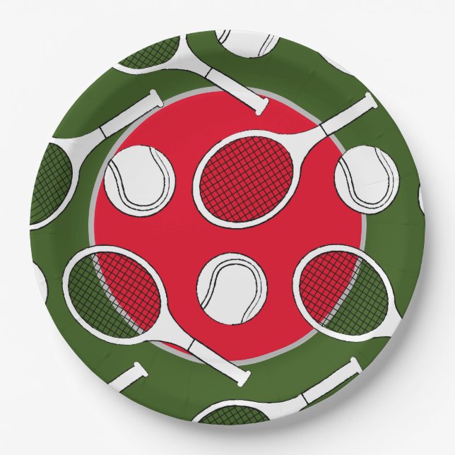 Tennis racket  ball black ink red  green Christmas Paper Plate (Front)