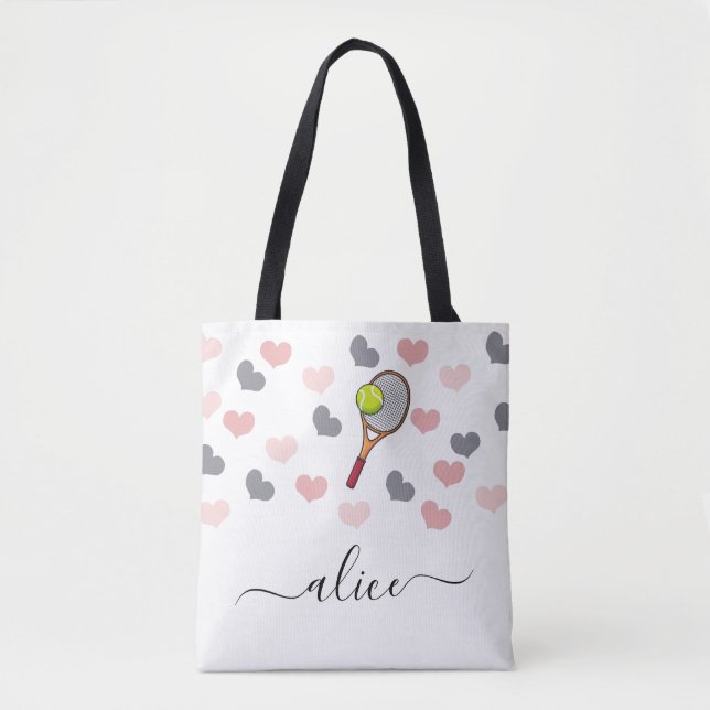 Tennis Racket Ball & Cute Pink Heart Girls Name Tote Bag (Front)