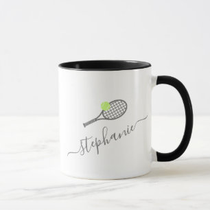 Tennis Racket Ball Grey Personalised Script Name  Mug
