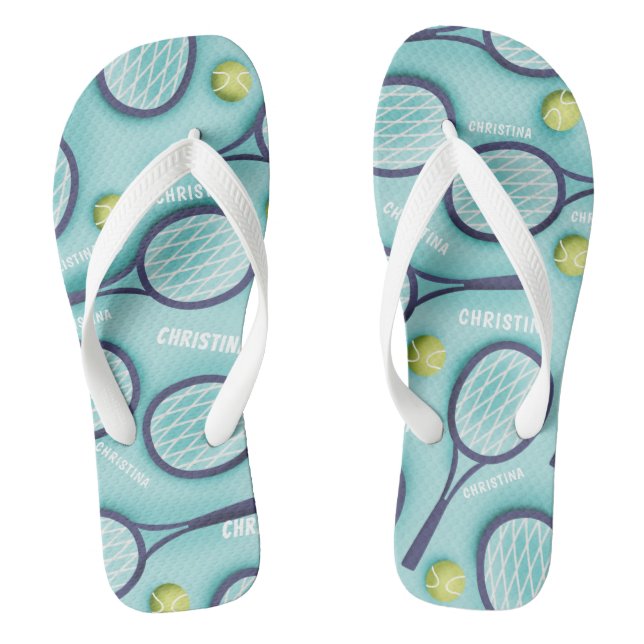 Tennis Racket Ball & Kids Girls Name Pattern Blue Flip Flops (Footbed)