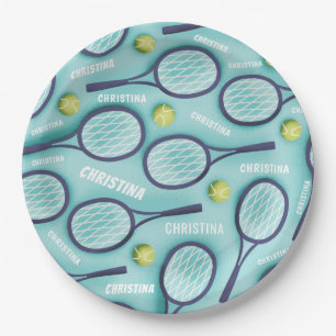 Tennis Racket Ball & Kids Girls Name Pattern Blue  Paper Plate