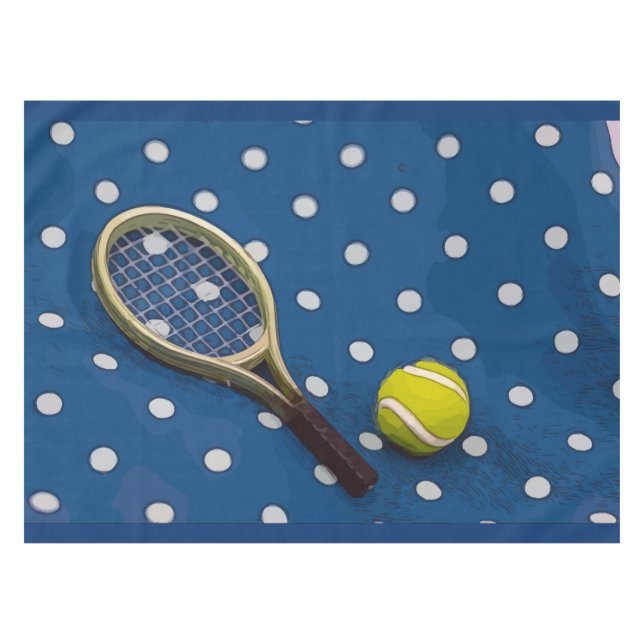 Tennis racket & ball on white polka dots blue tablecloth (Front (Horizontal))