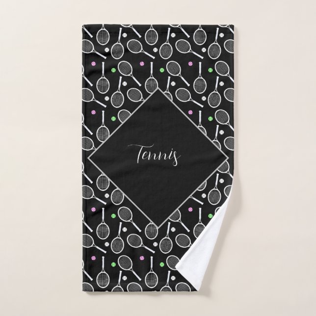 Tennis Racket & Ball Pattern Black Personalised Hand Towel (Hand Towel)