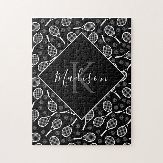 Tennis Racket Ball Pattern Initial & Name Monogram Jigsaw Puzzle (Vertical)