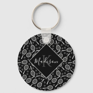 Tennis Racket Ball Pattern Initial & Name Monogram Key Ring