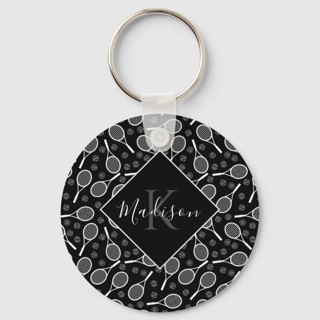 Tennis Racket Ball Pattern Initial & Name Monogram Key Ring (Front)